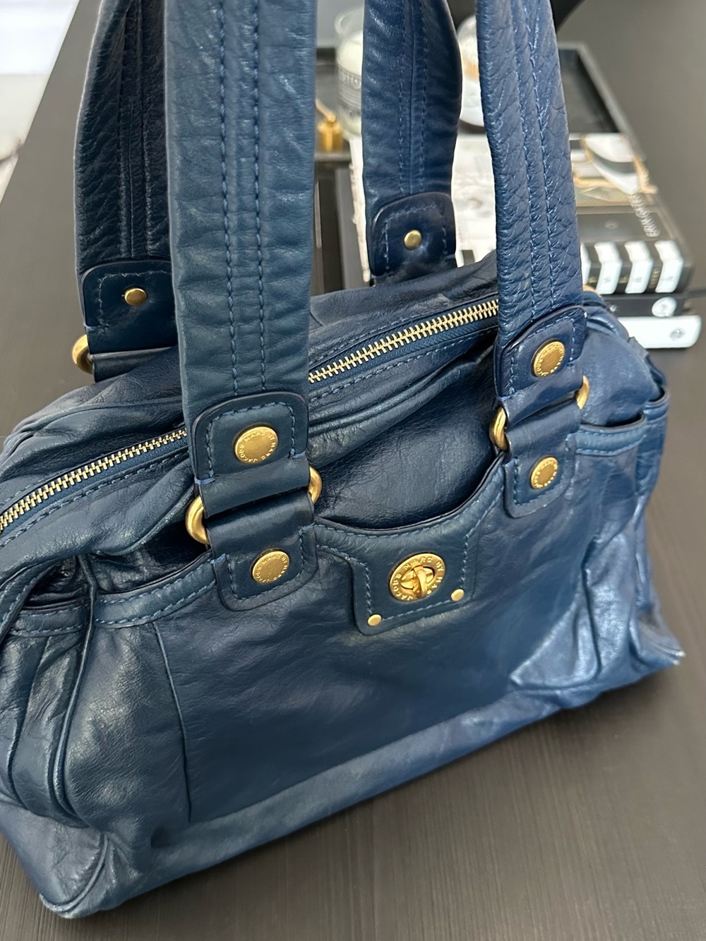 Marc By Marc Jacobs Navy Leather Tote Bag with Gold Hardware